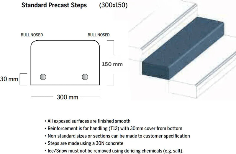 900 x 300 x 150mm Precast Concrete Bullnose Step