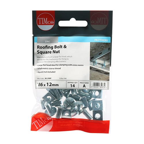 Timco - Roofing Bolt & SQ Nut - BZP M6 x 12 - 14 PCS