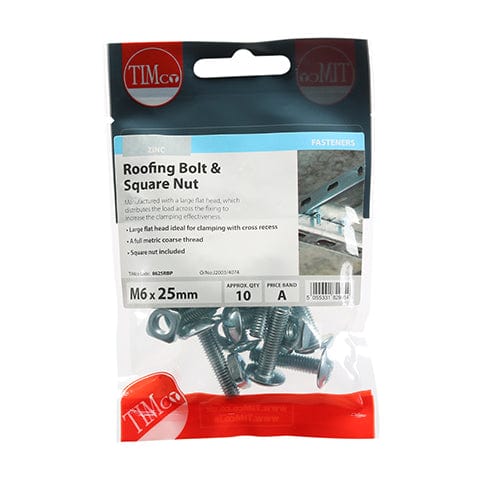 Timco - Roofing Bolt & SQ Nut - BZP M6 x 25 - 10 PCS