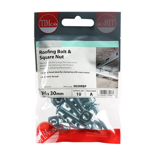 Timco - Roofing Bolt & SQ Nut - BZP M6 x 30 - 10 PCS