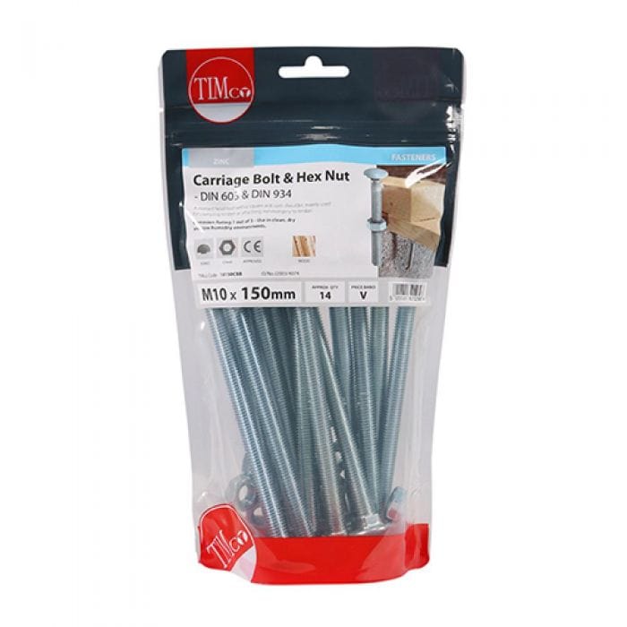 Timco - Carriage Bolt & Hex Nut - BZP M10 x 150 - 2 PCS